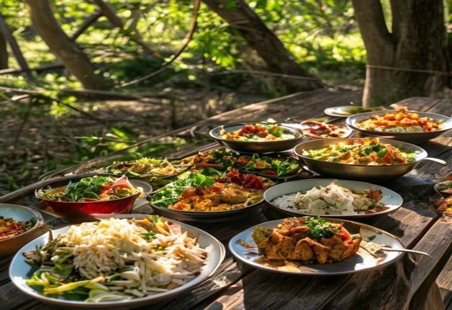 An outdoor timber table covered with many different shared home-cooked dishes at a casual Australian gathering
