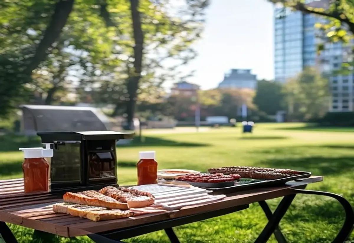 A campus sausage sizzle A trestle table with bread, sauces and onions beside a barbecue at a campus sausage sizzle