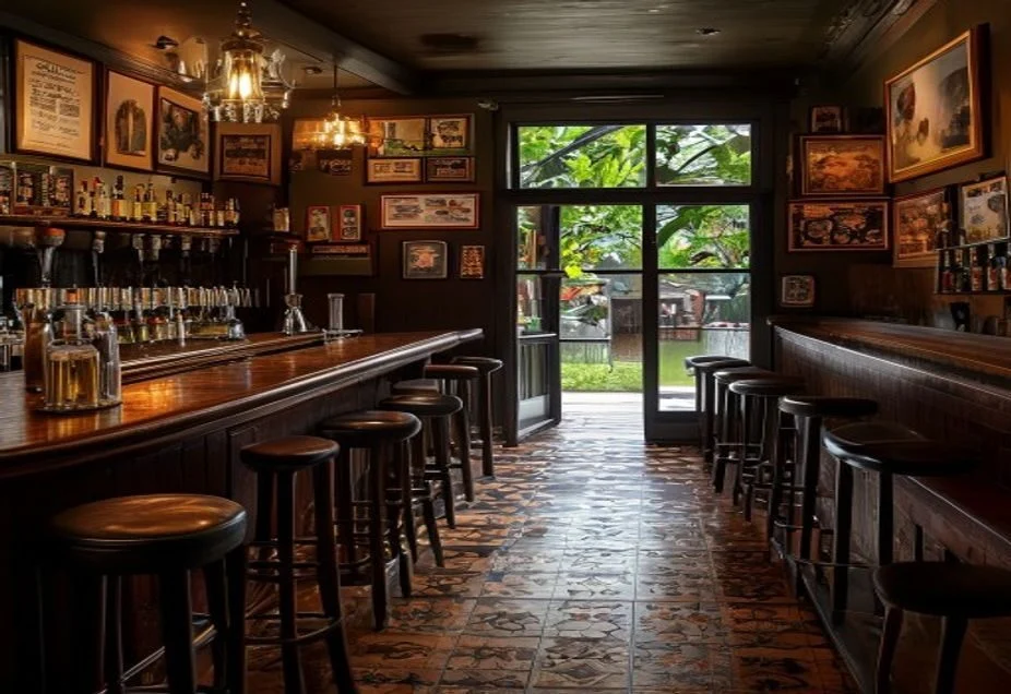 The timber bar and beer taps of a classic Australian pub in the late afternoon
