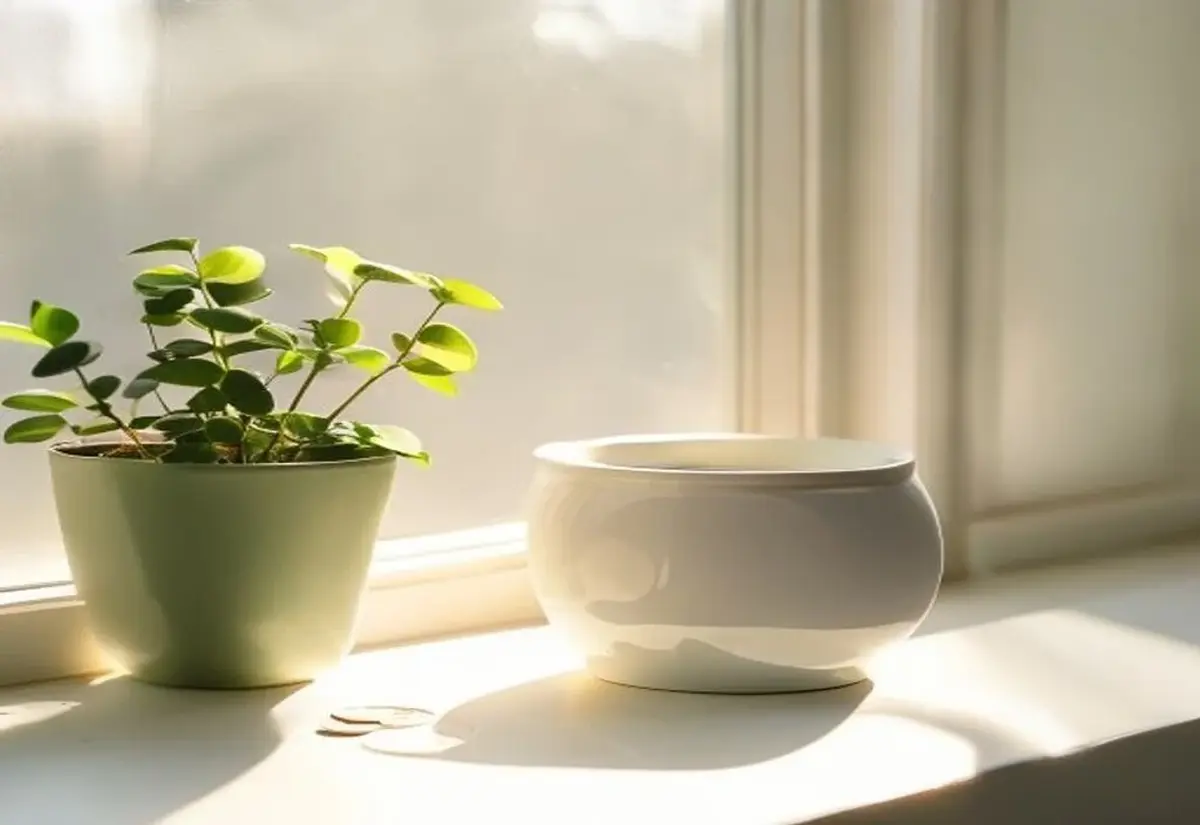 A plain white ceramic money box on a sunlit windowsill beside a small potted plant