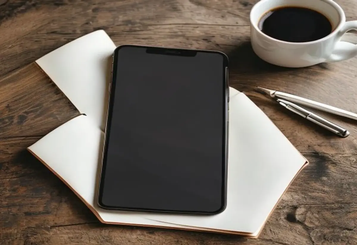 A blank-screen smartphone resting on an open notebook beside a pen and a mug of coffee
