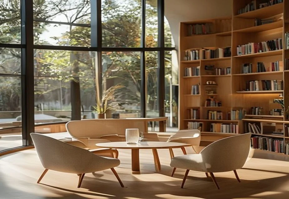 A circle of chairs around a low table in the community room of an Australian public library