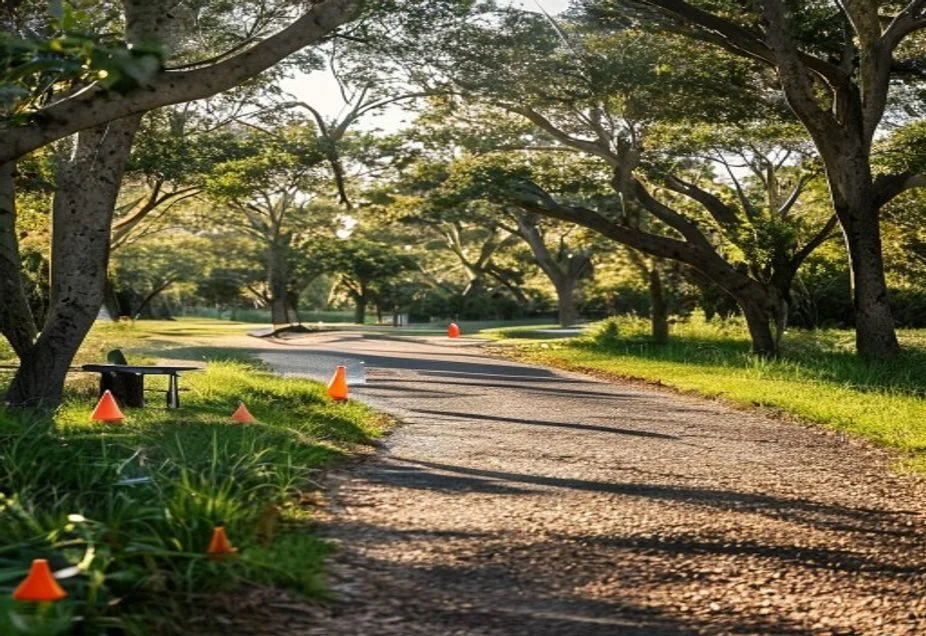 A gravel running path curving through Australian parkland at sunrise with course markers beside it