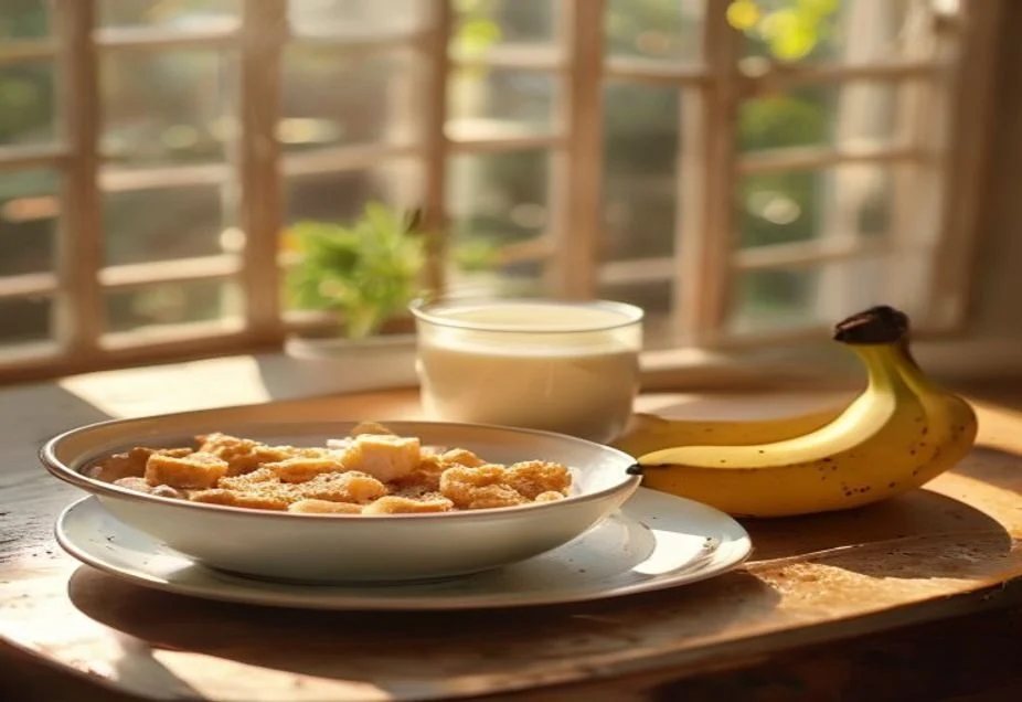 A simple breakfast of cereal with a mug of coffee and a banana
