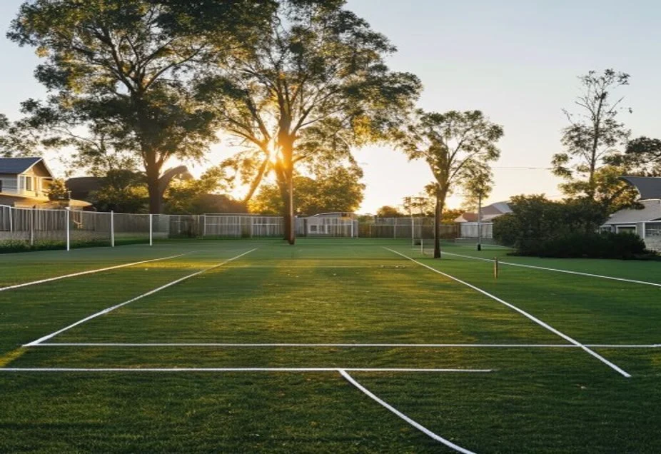 An empty suburban Australian community sports field at golden hour with mown grass and white line markings