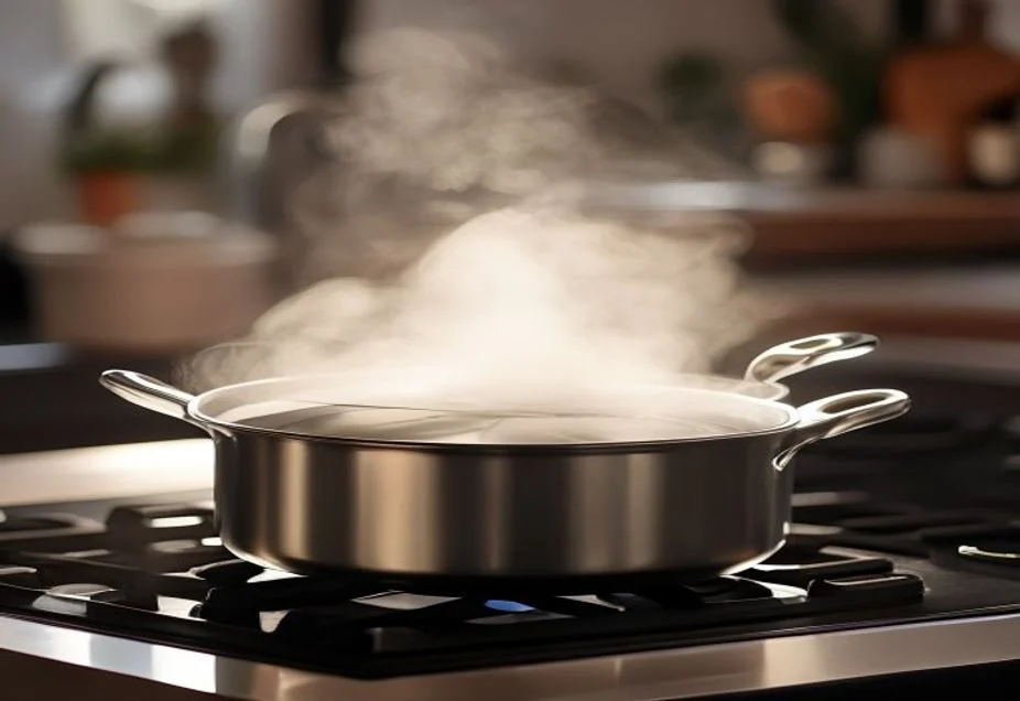 A heavy based saucepan with the lid on simmering gently on a stovetop