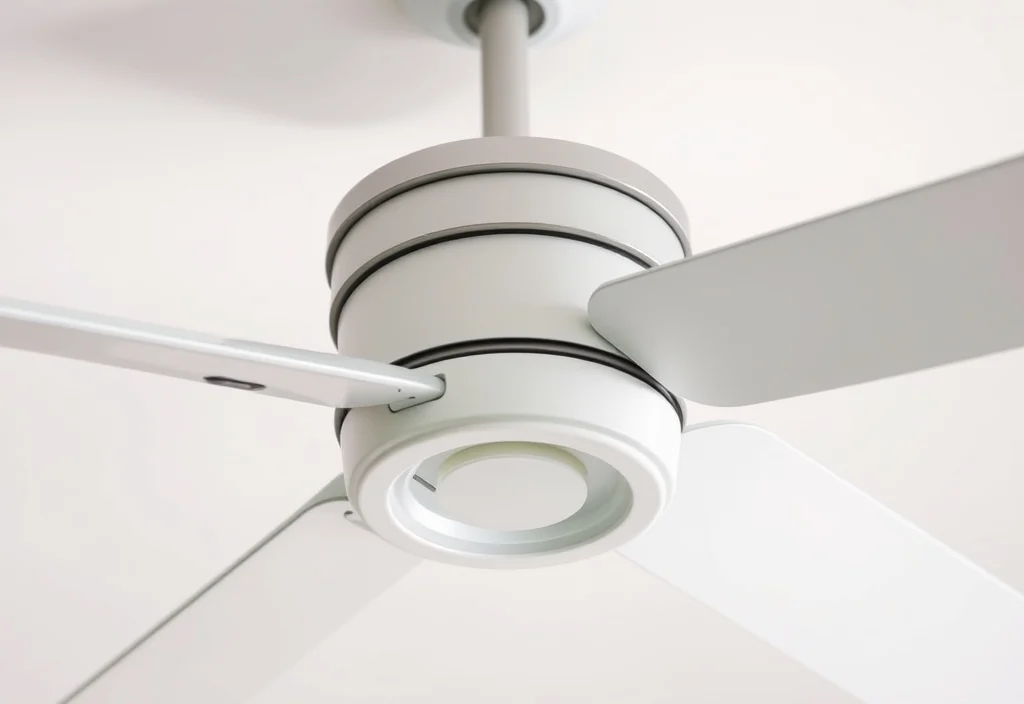 AC and DC ceiling fan motors Close-up of a modern ceiling fan motor housing and blade mounts
