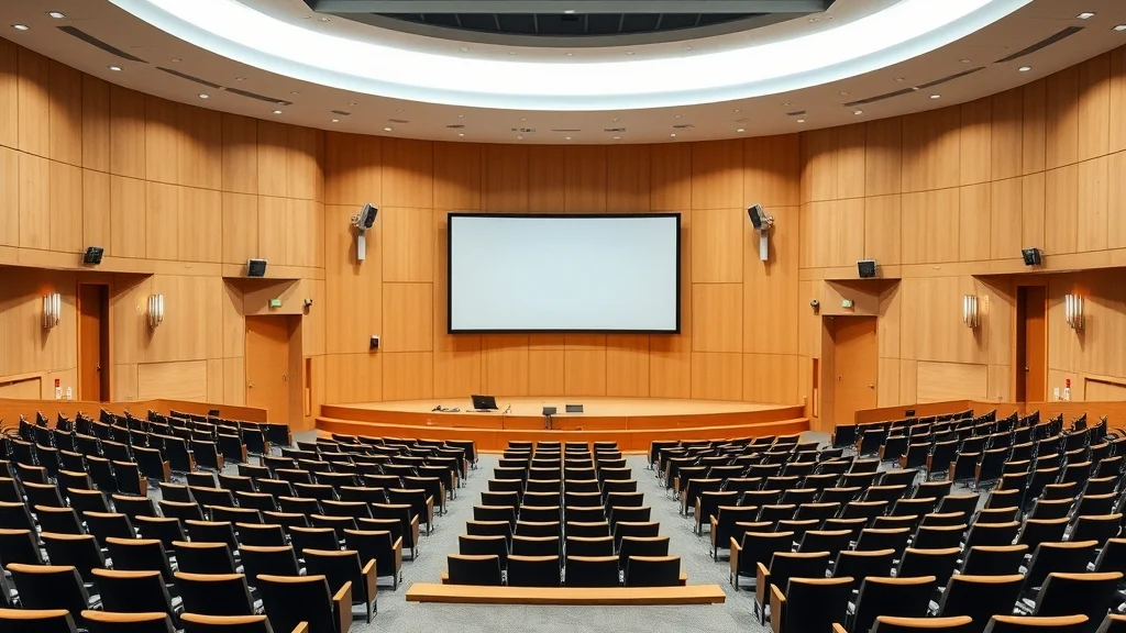 A modern empty university lecture theatre with tiered seating