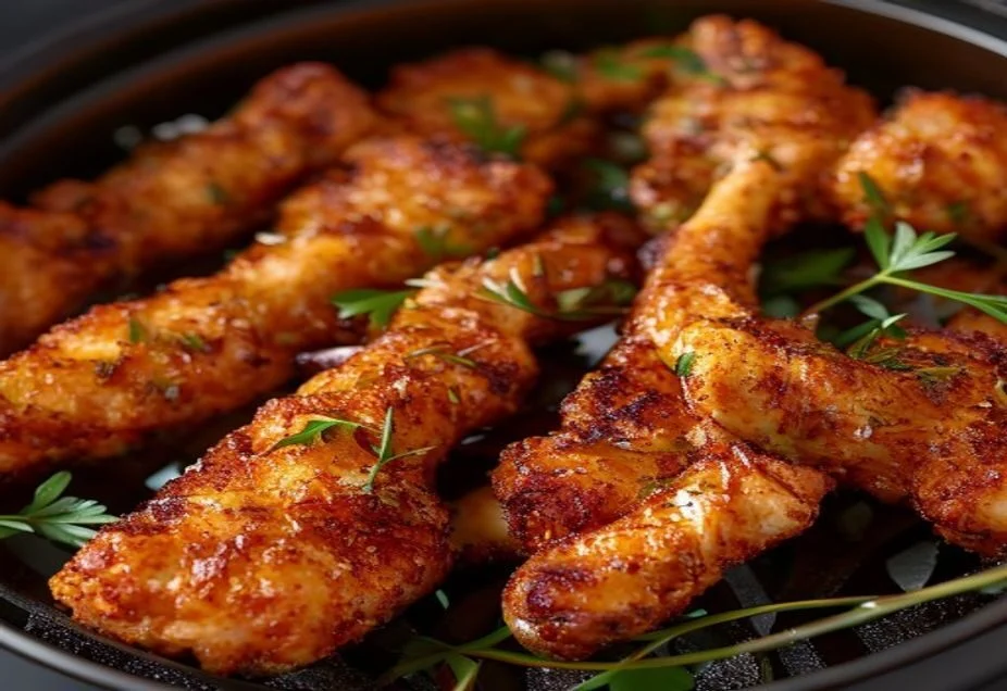 Crispy golden air fried chicken pieces garnished with fresh herbs
