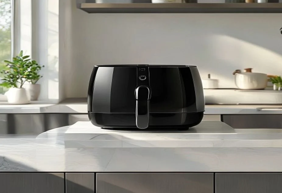 A benchtop air fryer on a kitchen counter with clear space around it