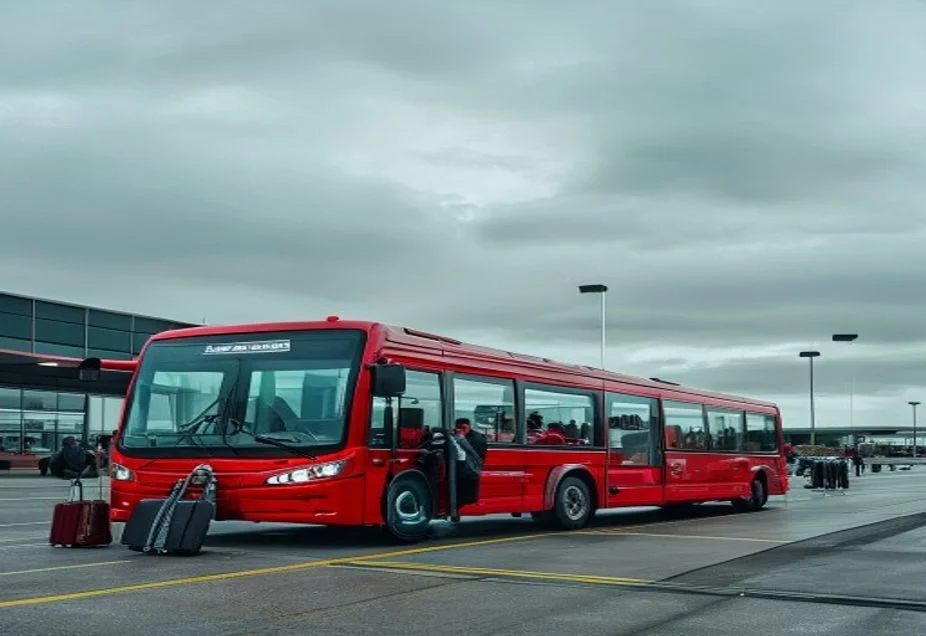 A modern airport shuttle coach parked at a terminal kerbside