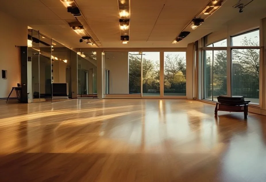 An empty dance studio with a polished wooden floor and mirrored wall lit by evening light
