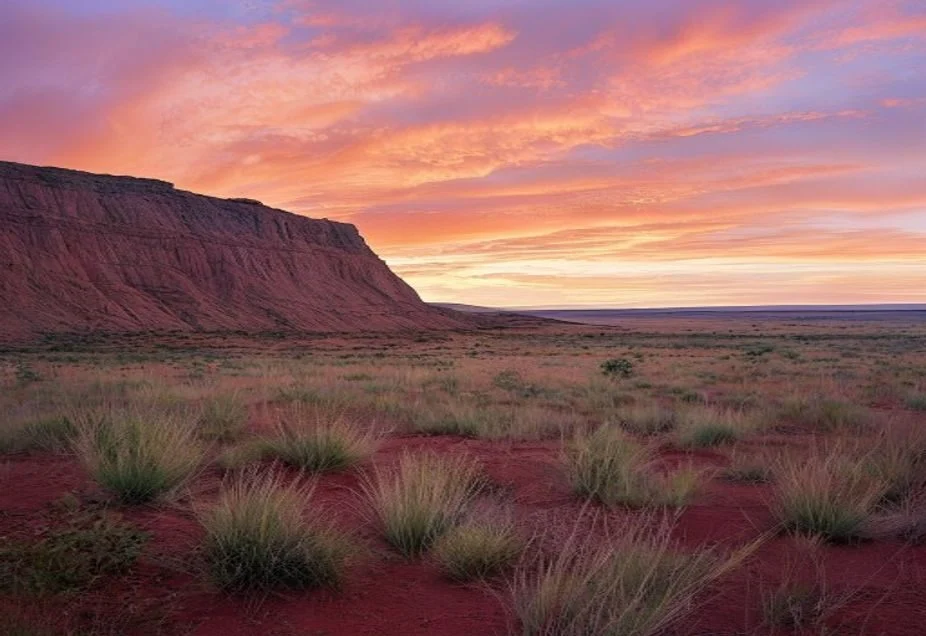 A wide view of red earth, weathered rock and spinifex in the Australian outback at dawn