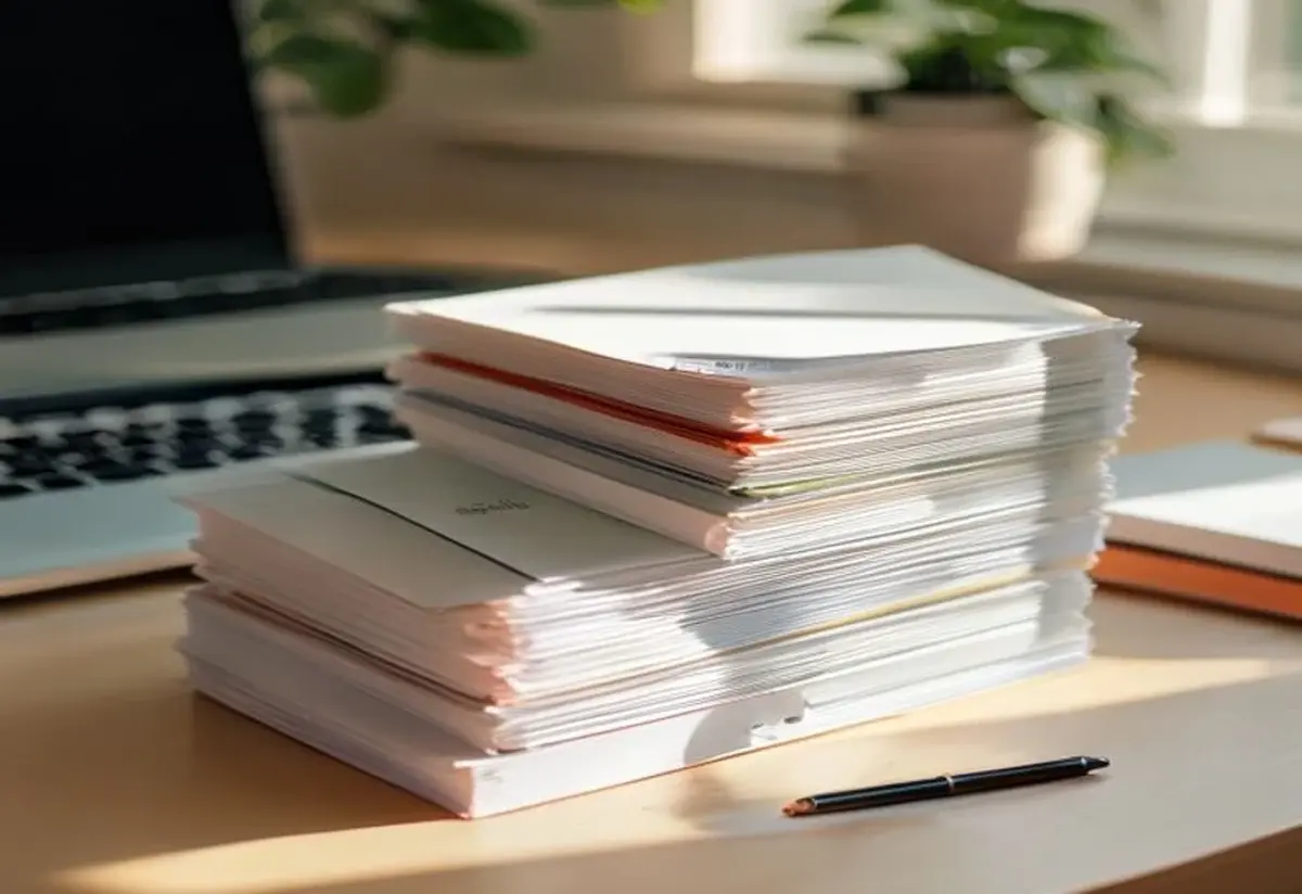 Applying for credit A stack of document folders and a pen beside a laptop