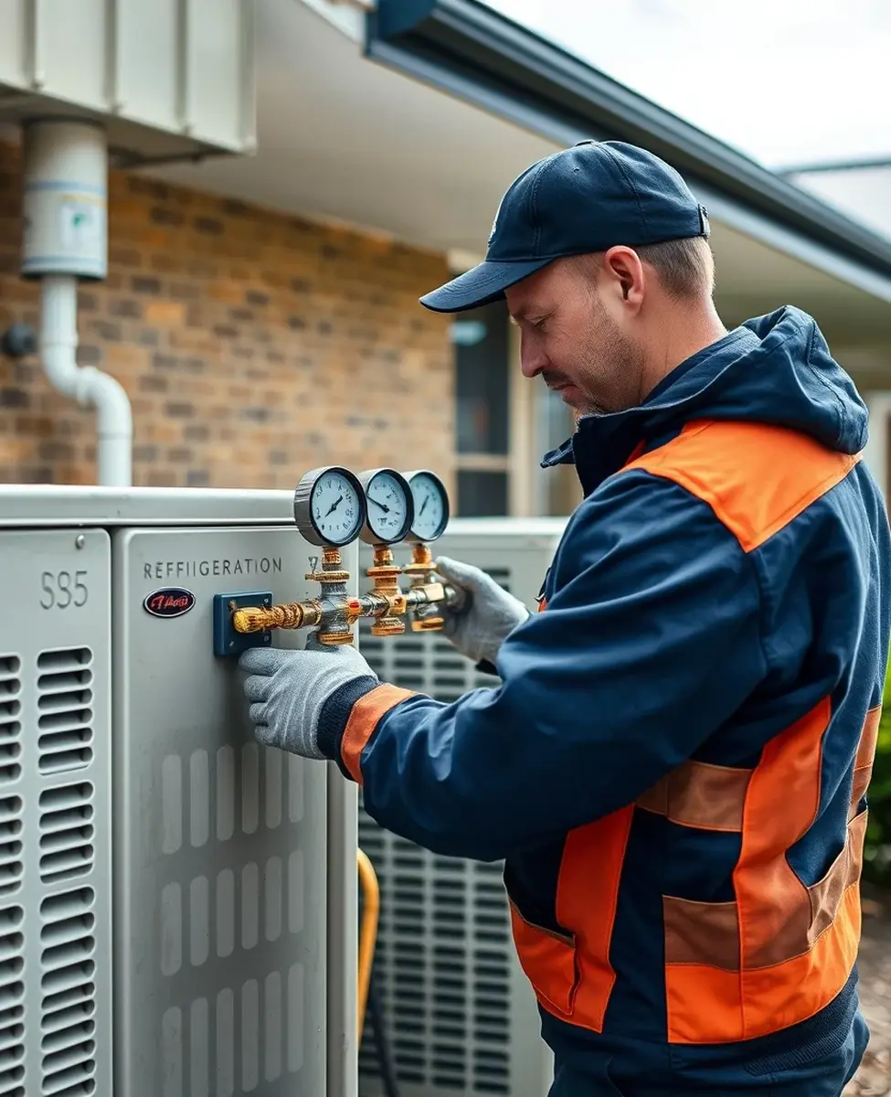 ARCtick licensed refrigerant work on a split system Licensed technician using refrigerant gauges on an outdoor air conditioner unit in Australia