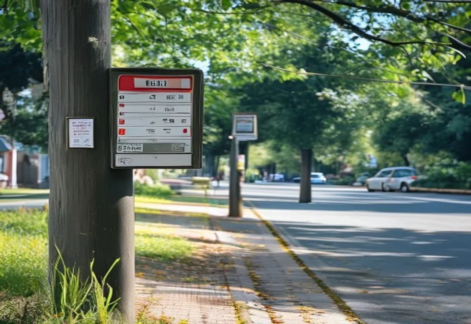 An Australian bus stop sign with a route panel and timetable case on a suburban street