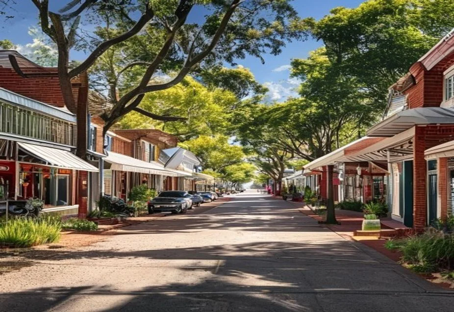 The main street of an Australian country town with verandah awnings over the footpath