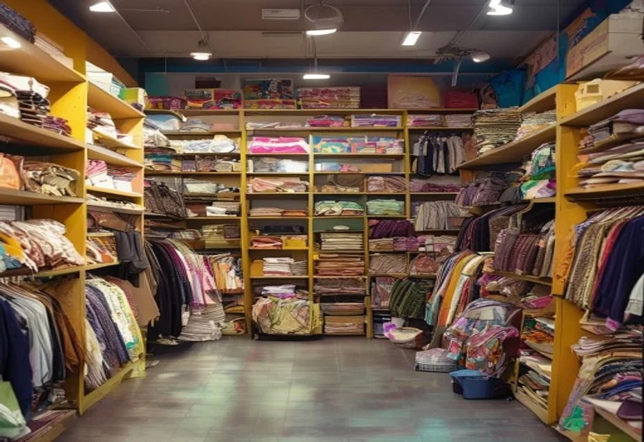 Racks of second hand clothing and goods inside a charity op shop
