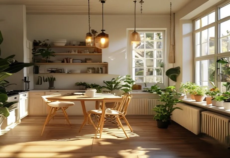 A bright share house kitchen and living area with a dining table