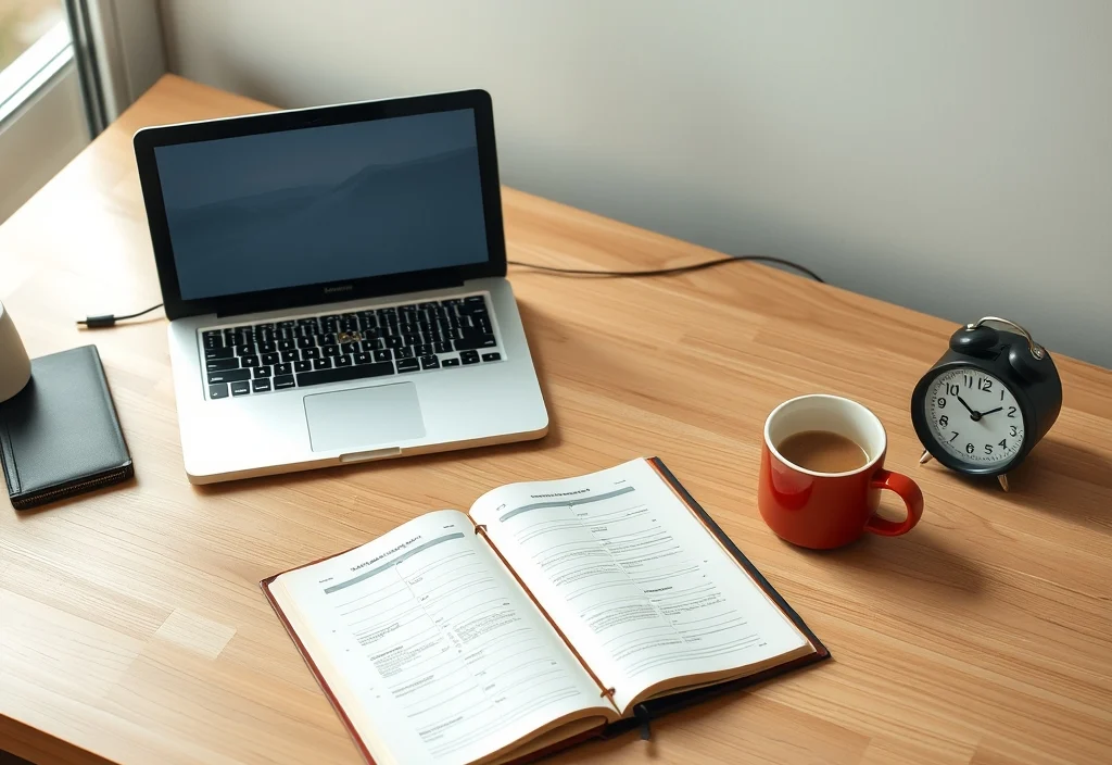 A tidy desk with a laptop, planner and clock