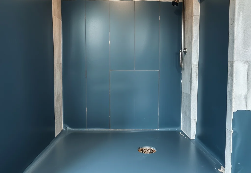 Bathroom waterproofing membrane before tiling Charcoal waterproofing membrane applied to bathroom shower floor and walls before tiling