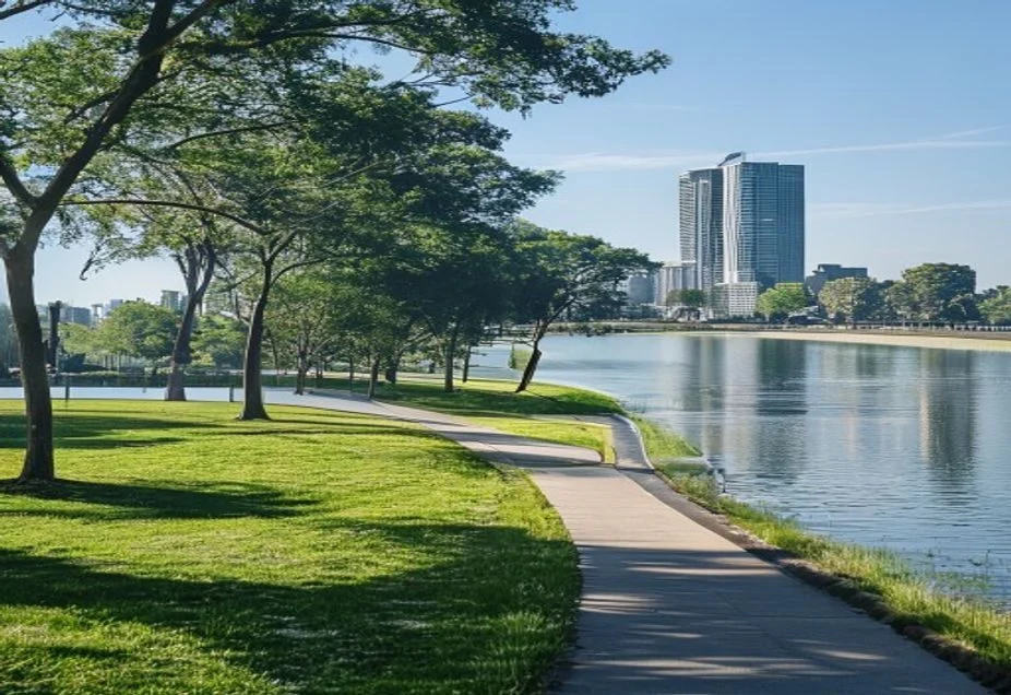 A flat sealed shared path curving beside water in a city park