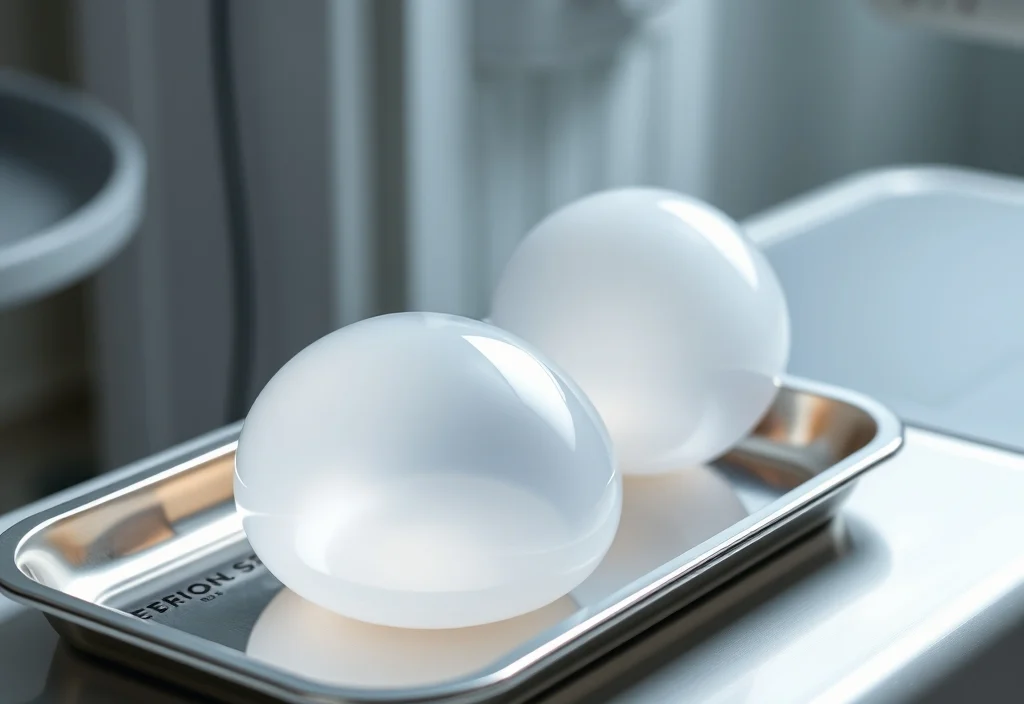 Breast implant types and surfaces Silicone breast implant devices on a sterile clinical tray
