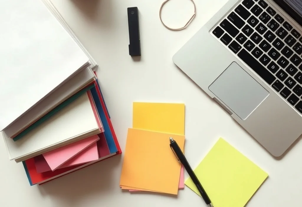 Study materials, textbooks and a laptop arranged on a desk