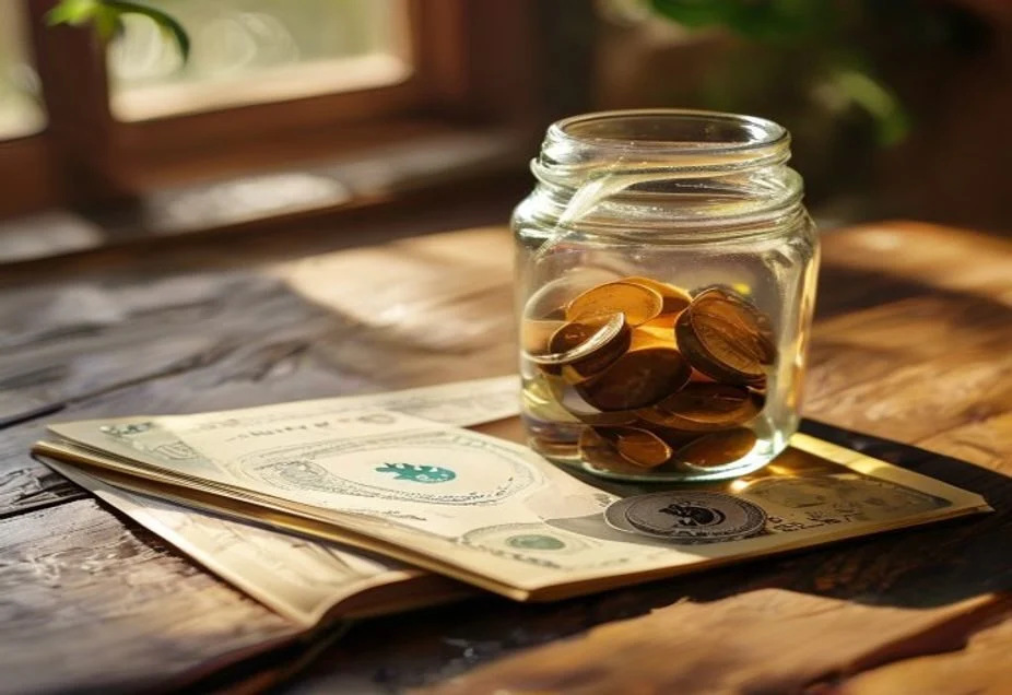 A jar of coins and notes on a table beside a notebook representing savings
