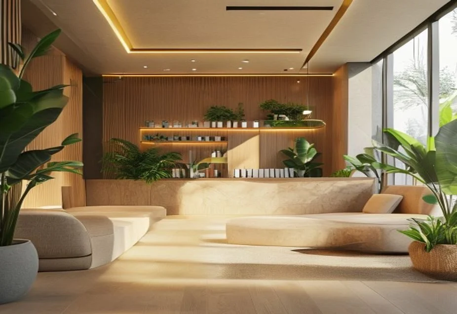 A warm and welcoming university student support office with soft seating and plants