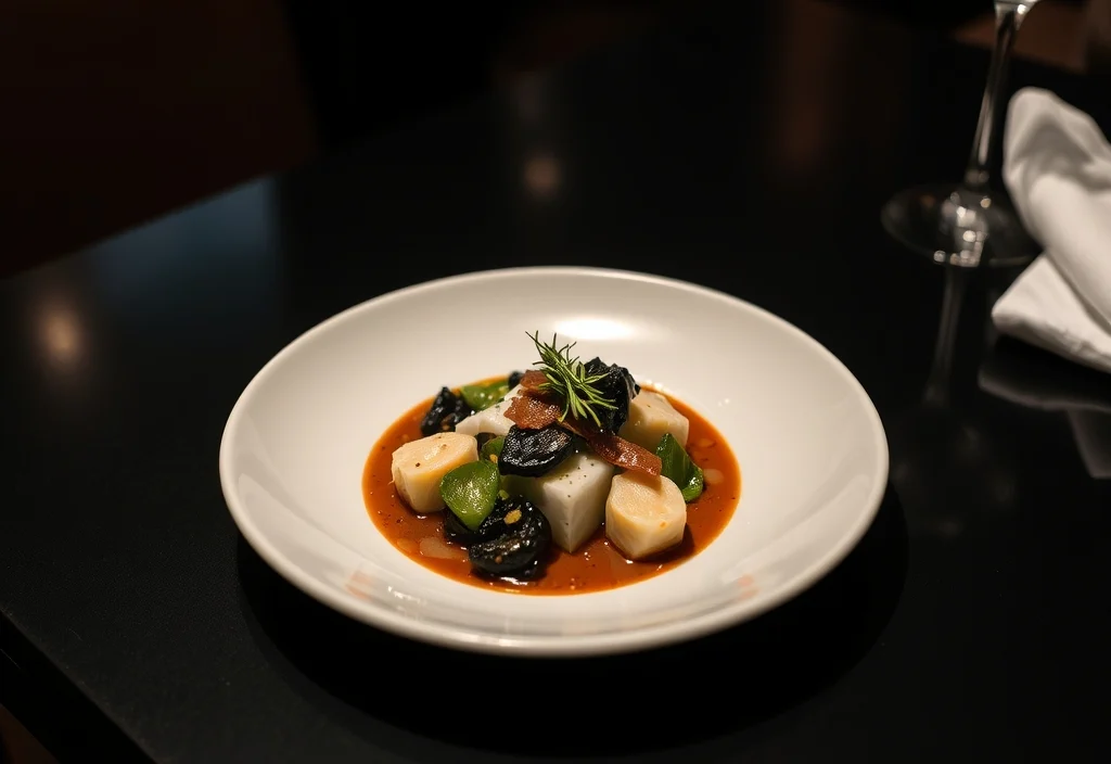 An elegantly plated fine-dining dish on a white plate