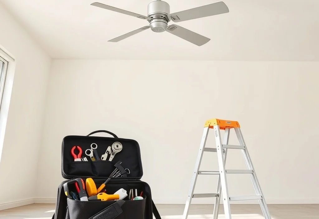 Ceiling fan mounting bracket and electrician tools Step ladder and electrician tool bag below a ceiling fan with the canopy removed