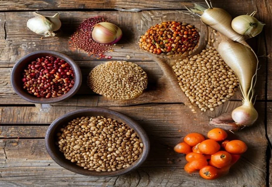 Bowls of dried lentils and other pulses on a wooden table with onions and fresh vegetables