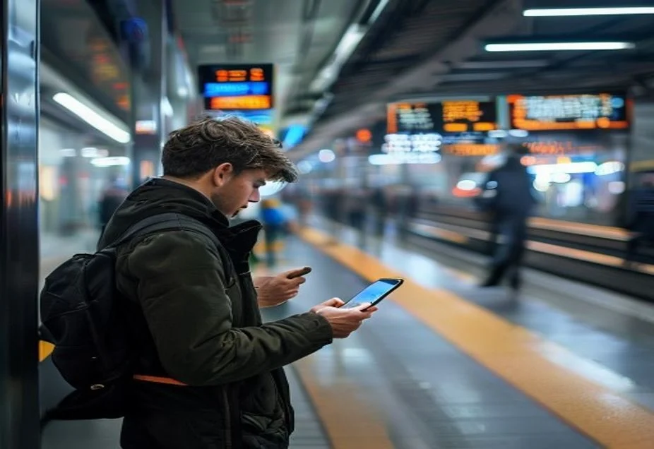 A commuter checking a phone on a busy Australian train platform