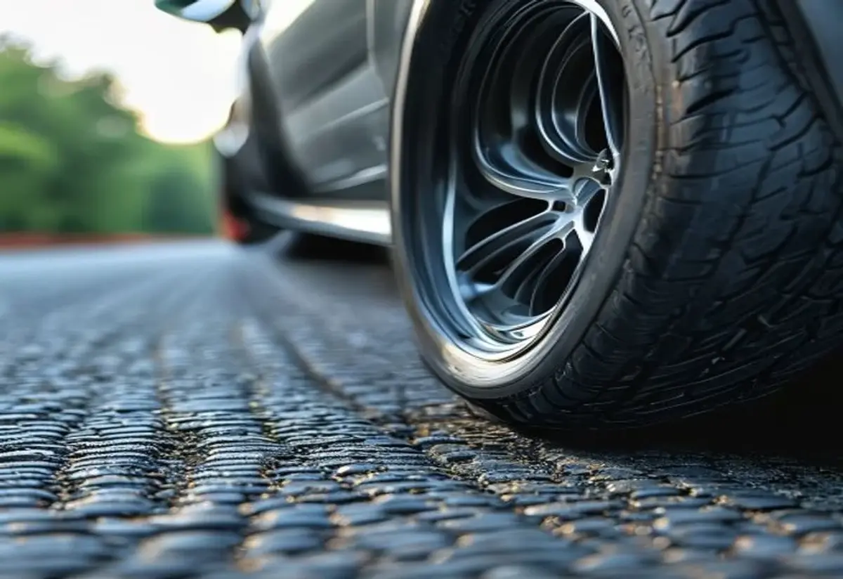 Close-up of a car tyre and alloy wheel showing tread