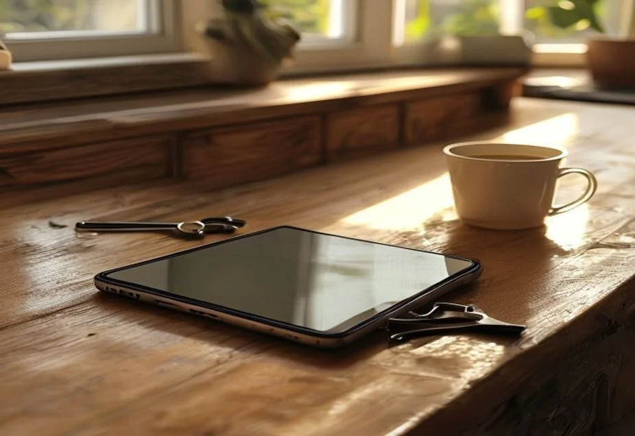Tablet, house keys and a cup of tea on a sunlit wooden kitchen bench