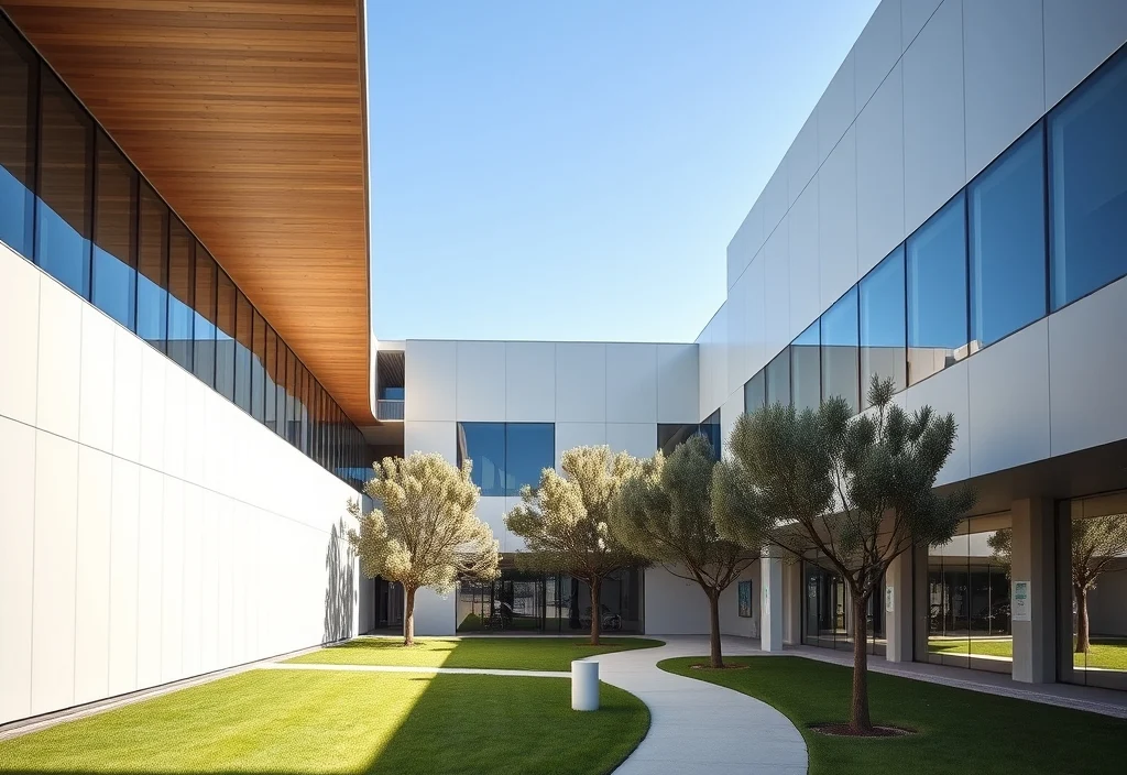 A modern Australian university campus courtyard on a sunny day