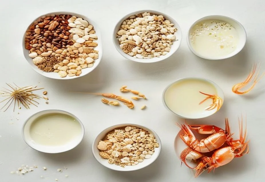 Common food allergens including nuts eggs milk wheat and prawns in bowls