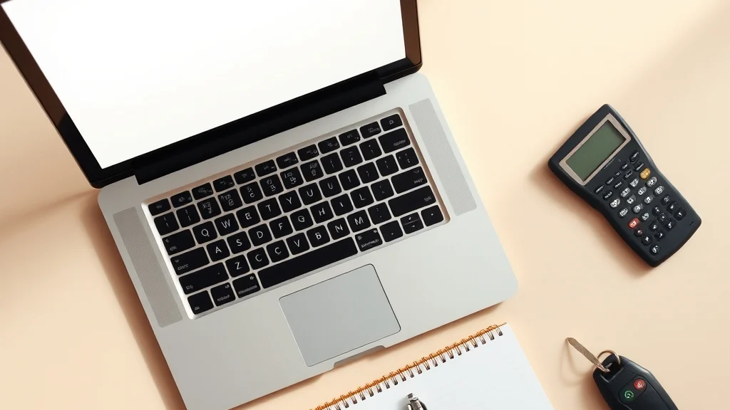 Comparing car insurance quotes Desk with laptop, calculator, notepad and car keys