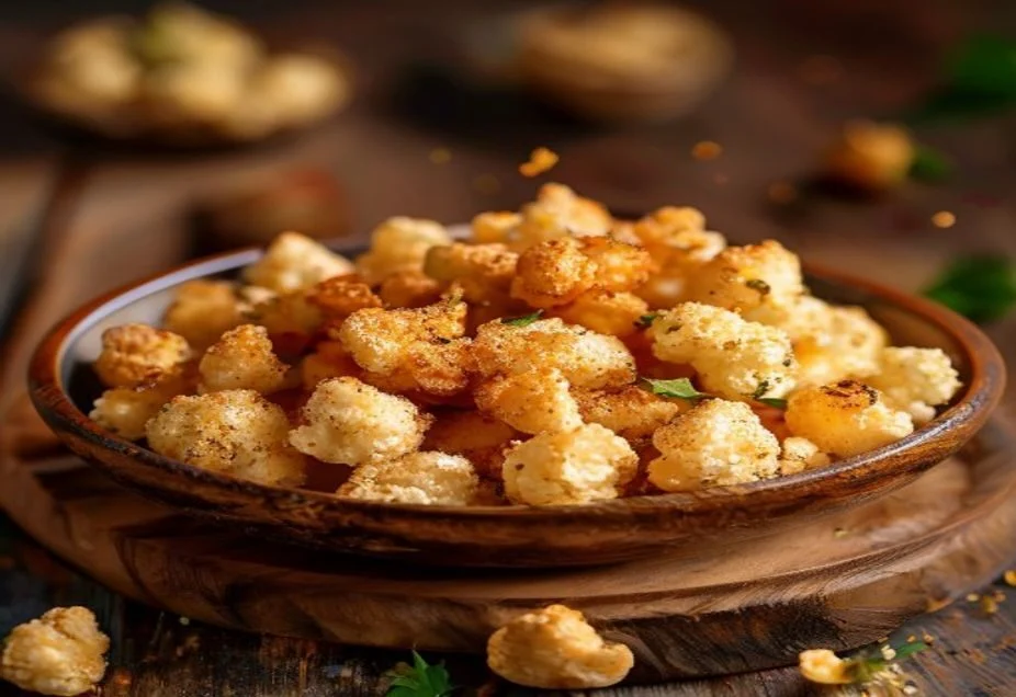 Crispy golden roasted snacks on a wooden board