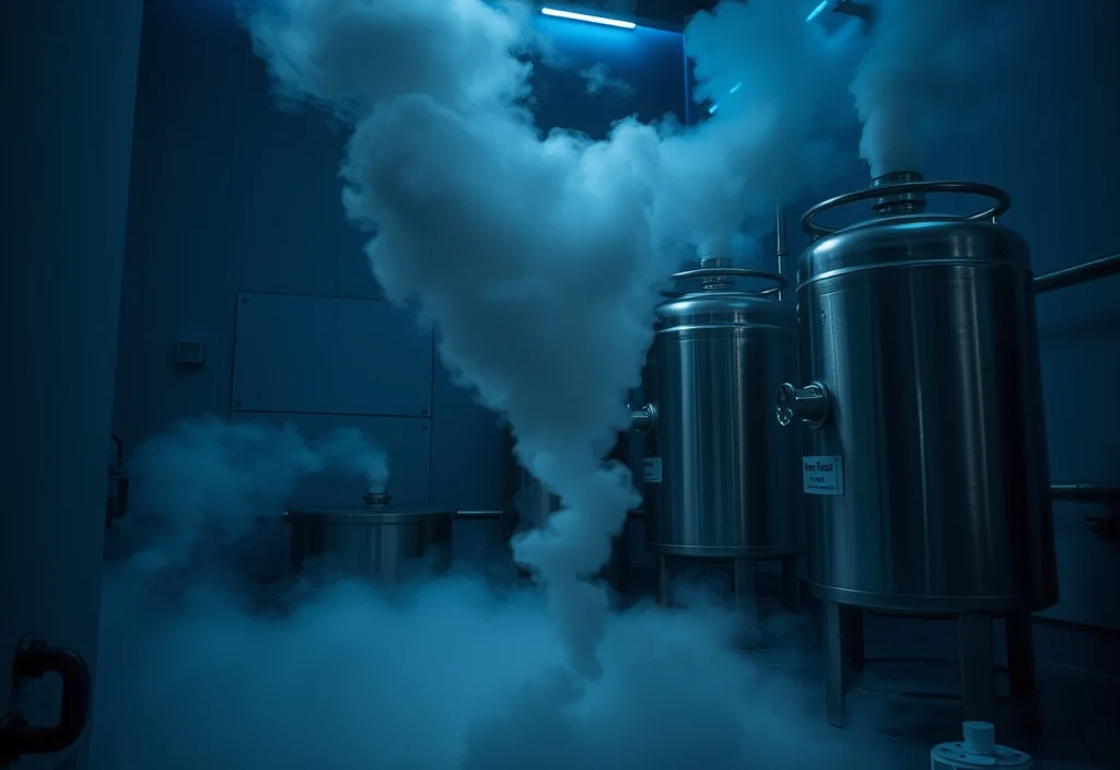 Cryogenic egg storage Cryogenic storage dewars with liquid nitrogen vapour in a fertility laboratory