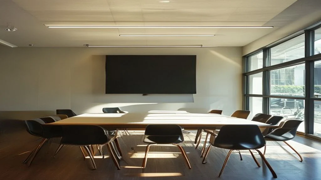 An empty modern university group-study room with a table and screen