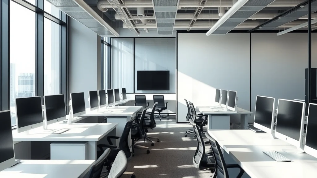 A modern professional office with empty desks