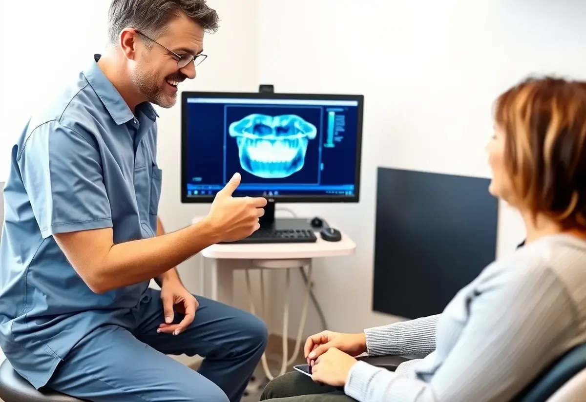 Dentist explaining a 3D dental scan to a patient before implant treatment