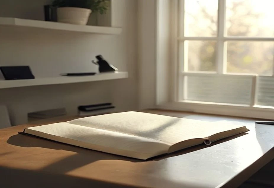 A clean desk by a window with a notebook, and a phone left across the room