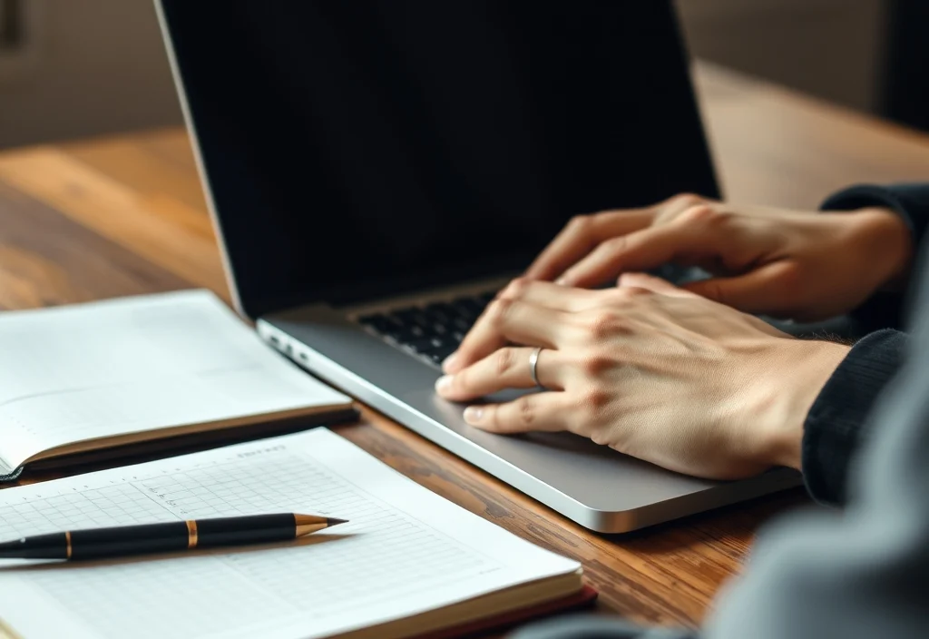 Hands typing a statement of purpose on a laptop beside a notebook