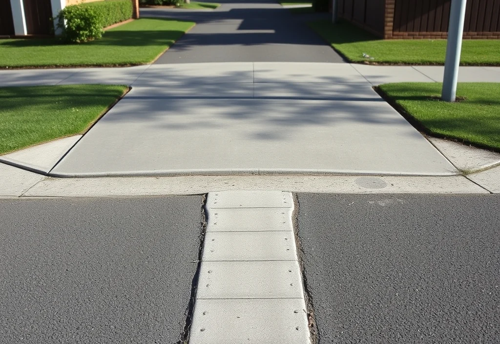 Driveway crossover on council land Concrete vehicle crossover connecting a driveway across the nature strip to the street kerb