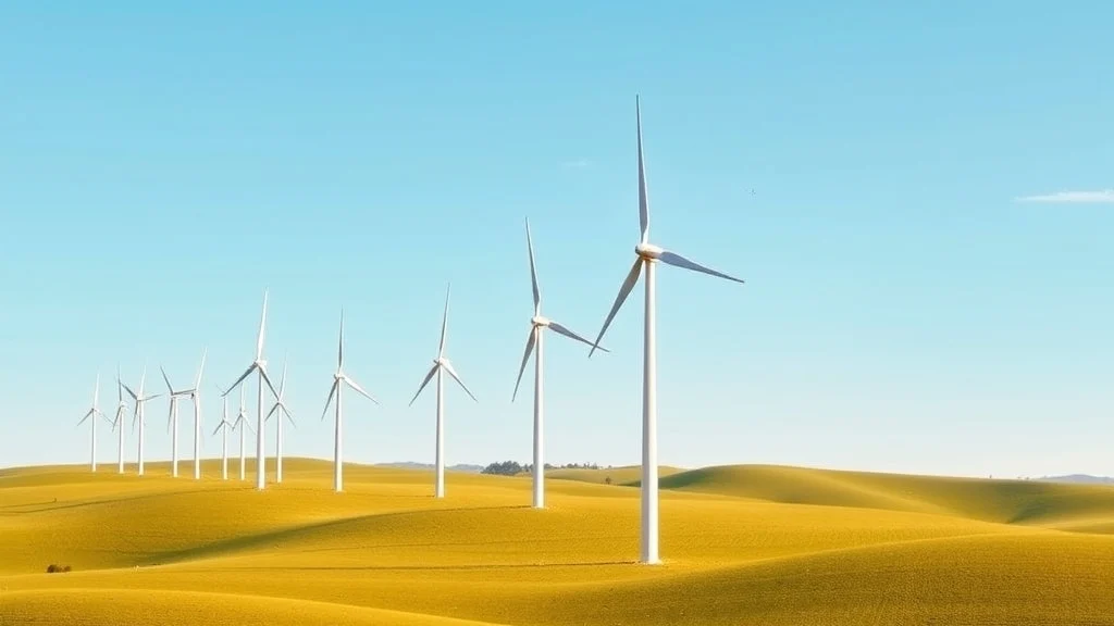 Wind turbines across green Australian farmland under a blue sky
