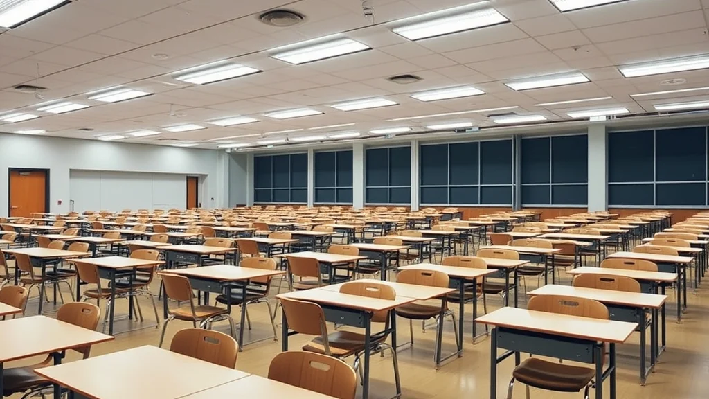 A large empty university exam hall with rows of desks
