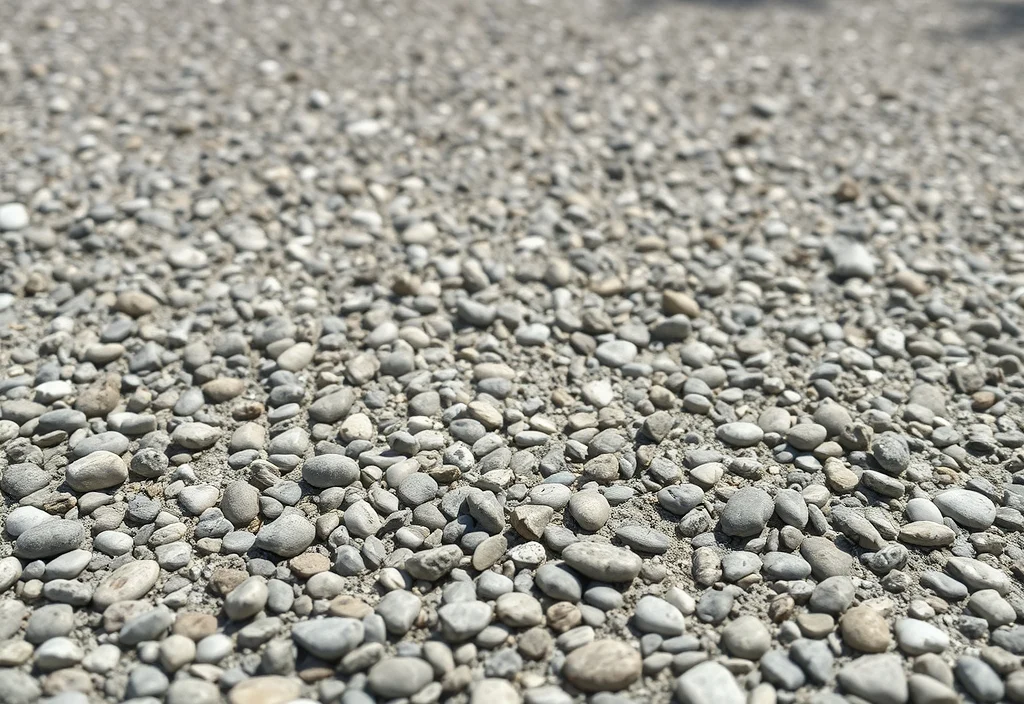 Exposed aggregate concrete finish Exposed aggregate concrete driveway surface with pebbles embedded in the slab